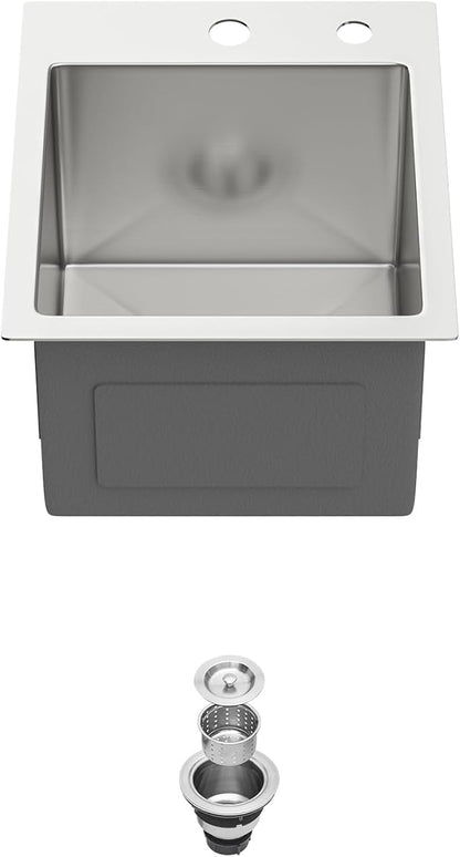 13 Drop In Bar Sink 13 x 15 Inch Kitchen Sink 18 Gauge Stainless Steel Single Bowl Topmount Handmade Sink for Outdoor, RV, 13x15x9