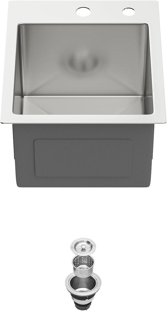 13 Drop In Bar Sink 13 x 15 Inch Kitchen Sink 18 Gauge Stainless Steel Single Bowl Topmount Handmade Sink for Outdoor, RV, 13x15x9