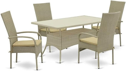 East West Furniture OSOS5-03A 5 Piece Outdoor Patio Conversation Sets Includes a Rectangle Wicker Dining Table with Glass Top and 4 Balcony Backyard Armchair with Cushion, 36x60 Inch, Natural Linen