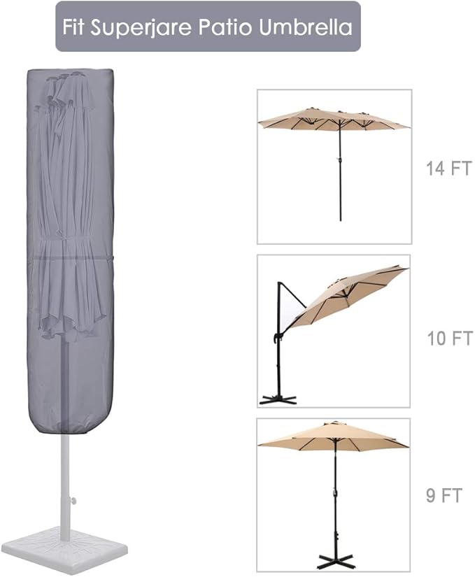 SUPERJARE Patio Umbrella Cover with Rod for 7 to 11 Ft Umbrellas & 15 Ft Double-Sided Umbrellas, 600D Protective Waterproof Cover with Zipper, Gray