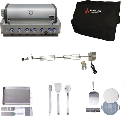 Mont Alpi Stainless Steel Outdoor Kitchen Island 44"W 6-Burner Built-in BBQ Grill Head with Accessories - Flat Top Griddle Hot Plate + Pizza Kit with Cutter & Stone + Spatulas + Tongs + Cleaning Brush