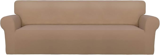 PureFit Stretch Couch Covers for Sofa 4 Seater Slipcovers Camel | 1-Piece Sofa Cover Washable Soft Couch protector, Couch Slipcover with Non Skid Foam and Elastic Bottom for Kids, Dogs