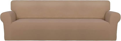 PureFit Stretch Couch Covers for Sofa 4 Seater Slipcovers Camel | 1-Piece Sofa Cover Washable Soft Couch protector, Couch Slipcover with Non Skid Foam and Elastic Bottom for Kids, Dogs