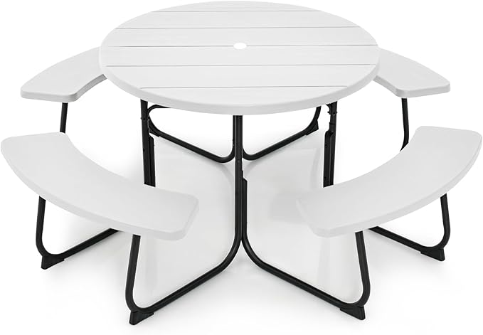 Round Picnic Table for Outdoors, 8 Person Outdoor Picnic Tables & Benches Set with Umbrella Hole, HDPE Tabletop & Metal Frame, 2000 LBS Capacity Table Bench Set for BBQ, Garden, Lawn, Patio