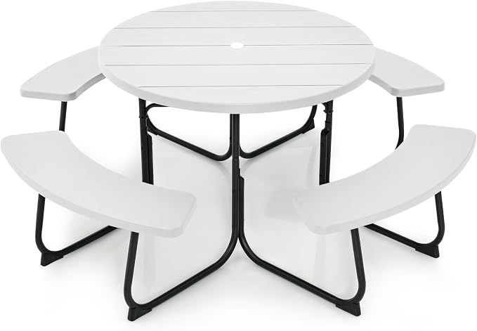 Tangkula 8 Person Picnic Table, Outdoor Round Picnic Table with 4 Built-in Benches, Umbrella Hole, Metal Frame & HDPE Tabletop, Outside Table and Bench Set for Backyard, 2300lbs Weight Capacity