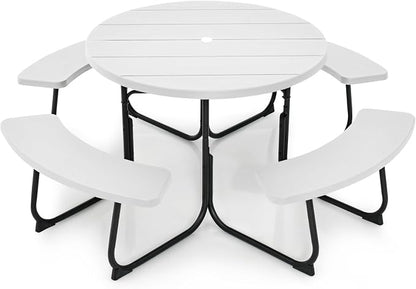Tangkula 8 Person Picnic Table, Outdoor Round Picnic Table with 4 Built-in Benches, Umbrella Hole, Metal Frame & HDPE Tabletop, Outside Table and Bench Set for Backyard, 2300lbs Weight Capacity