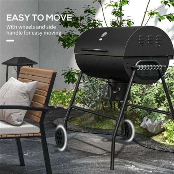 Portable Charcoal BBQ Grill with Wheels – Heavy-Duty Outdoor Barbecue Smoker for Backyard, Camping, Patio & Picnic – Adjustable Air Vents & Thermometer, Easy Assembly, Black