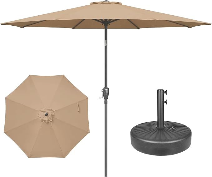 YSSOA 9' Patio Umbrella with 50lbs 20" Capacity Fillable Heavy Duty Round Base, 8 Sturdy Ribs, for Outdoor Lawn, Deck, Poolside, Tan and Black