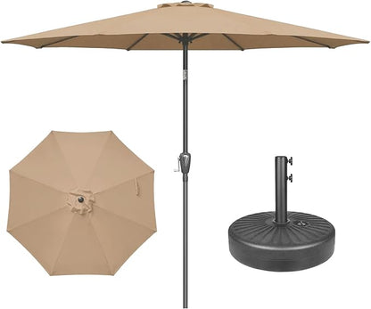 YSSOA 9' Patio Umbrella with 50lbs 20" Capacity Fillable Heavy Duty Round Base, 8 Sturdy Ribs, for Outdoor Lawn, Deck, Poolside, Tan and Black