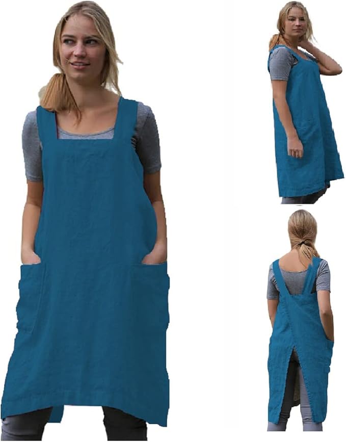 TBA Cotton Linen Apron Cross Back Apron for Women with Big Pockets Square Pinafore Dress for Baking Cooking BBQ & Grill