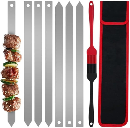 BBQ Skewers Flat Wide,15.7"×5/8" Stainless Steel Kabobs with Carry Bag & 2 Brushes,Reusable Metal Skewers for Grilling, Outdoor Cooking, Family Party and Vegetables(6PCS)