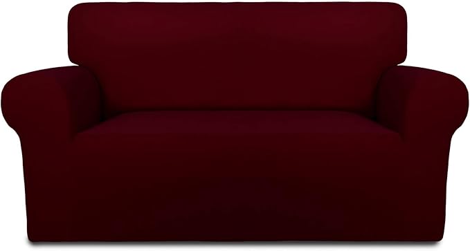 PureFit Stretch Loveseat Covers Fleece Couch Covers for Sofa Wine | 1-Piece Sofa Slipcover Soft Couch Protector, Sofa Cover Washable with Non Skid Foam and Elastic Bottom for Kids, Dogs