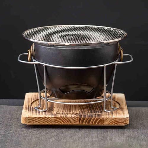 1Set Clay Charcoal Stove, Indoor Pottery Barbecue Stove, Tabletop Pottery Fire Stove, with a Wooden Pads and Grill, Metal Mesh, for Cooking Tea Stove(Black)