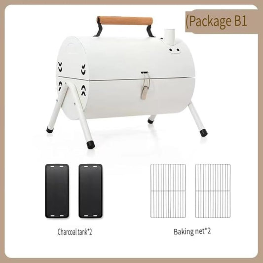 Portable Charcoal BBQ Grill, 16.7x11.4x11.6 inches, Foldable Steel Construction with Ash Pan, Smokeless Design for Camping and Outdoor Cooking (Circular oven [White])