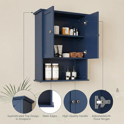 Medicine Cabinet, Over The Toilet Storage Cabinet, 24x30 Inch Wall Mount Bathroom Storage Cabinet with 2 Doors & Adjustable Shelf, Wooden Bathroom Wall Cabinet, Blue
