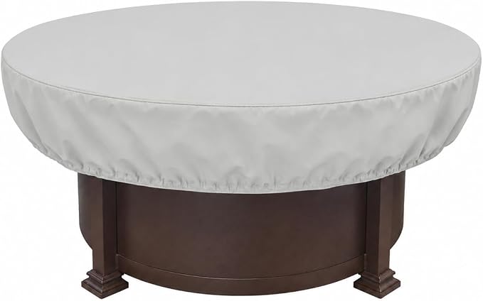 Treasure Garden Round Fire Pit Cover, 300D Polyester Outdoor Table & Ottoman Cover, Water Resistant, UPF50+ UV Protection, Elastic Hem, Spring Cinch Lock, Built-In Storage Pouch, Gray, 55 in