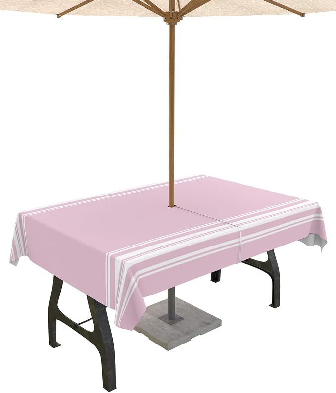 QueenKer Outdoor Tablecloth with Umbrella Hole, Farmhouse Pink White Stripe Rectangle Tables Waterproof Tabletop Collection for Patio, Garden, Picnic, Camping, Dining 60 x 120 inch