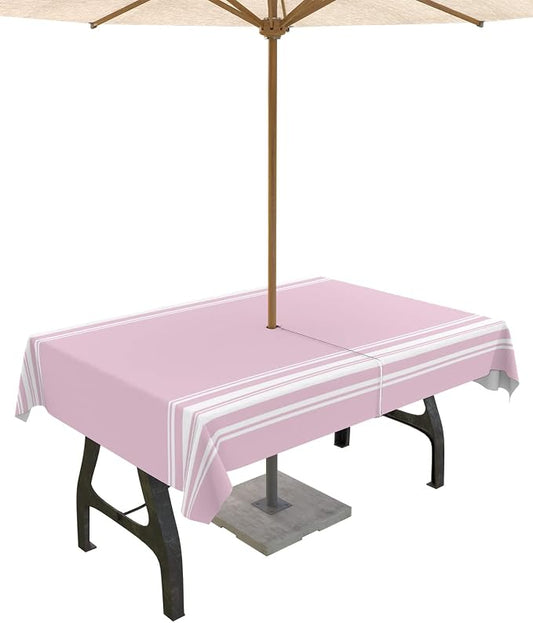 QueenKer Outdoor Tablecloth with Umbrella Hole, Farmhouse Pink White Stripe Rectangle Tables Waterproof Tabletop Collection for Patio, Garden, Picnic, Camping, Dining 60 x 120 inch
