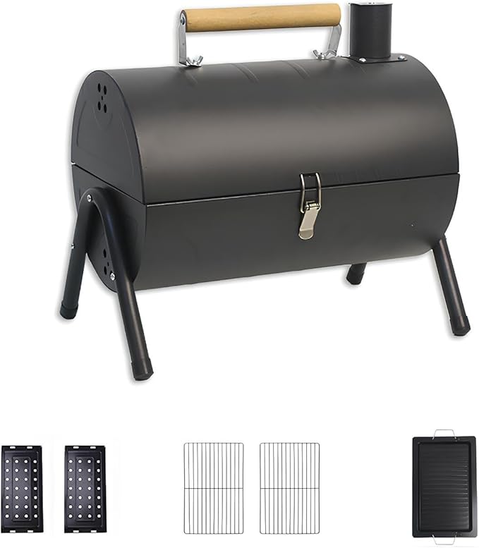 Charcoal Grill, Smoker Barbecue Grill, 2 In 1 Outdoor BBQ Grill, Large Double-sided Grilling Area With Beech Wood Handles, Barbeque Grill With Stainless Steel Grill And Baking Tray, For Camping Picnic