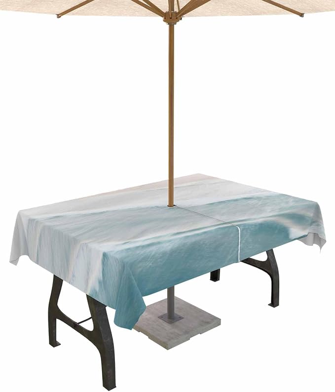 Summer Beach Outdoor Tablecloth - 54x80 Inch Rectangle Dining Table Cover, Coastal Ocean Nautical Seaside Aqua Beige Waterproof Outdoor Table Cloth with Umbrella Hole & Zipper for Picnic/Patio/Party
