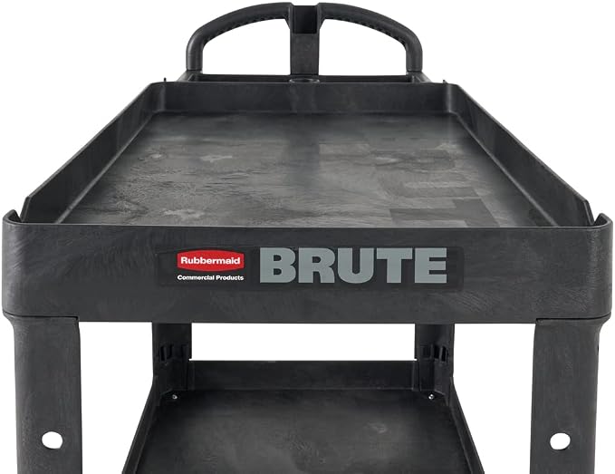 Rubbermaid Commercial Products 2-Shelf Utility/Service Cart, Medium, Black, Lipped Shelves, Ergonomic Handle, 500 Lbs Capacity, forfor Warehouse/Garage/Cleaning/Manufacturing