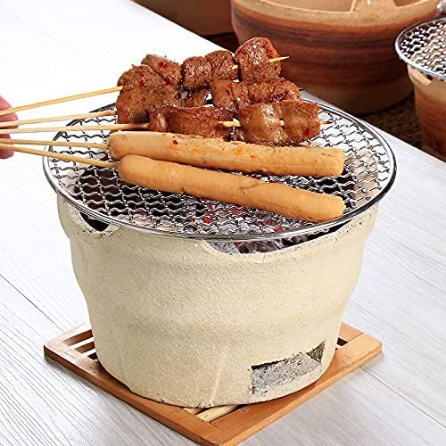 Clay Charcoal Barbecue Grill, Outdoor Table Grill with Stainless Steel Barbecue Net, Old Fashioned Clay Stove for Party Camping Picnic Carbon Furnace,Brown, White