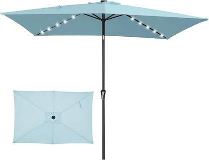 JEAREY 6.5x10' Rectangle LED Lighted Umbrella Patio Umbrella Outdoor w/Tilt | Solar Market Umbrellas with 6 Sturdy Ribs, UV Protection Waterproof Sunproof for Pool, Deck, Backyard(Lake Blue)