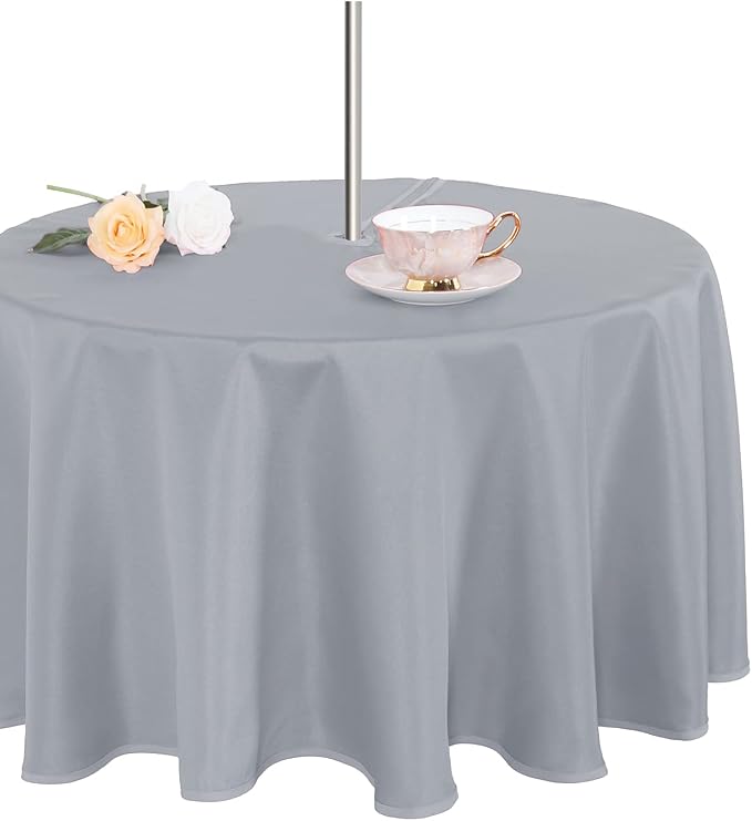 Fitable Outdoor and Indoor Tablecloth, Silver Grey, 60 Inches Round | Washable Waterproof Wrinkle Free Table Cover, Zipper and Umbrella Hole, For Spring Summer Party Picnic Camping Patio