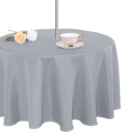 Fitable Outdoor and Indoor Tablecloth, Silver Grey, 60 Inches Round | Washable Waterproof Wrinkle Free Table Cover, Zipper and Umbrella Hole, For Spring Summer Party Picnic Camping Patio