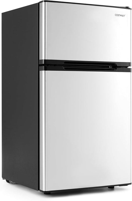 COSTWAY Compact Refrigerator, 3.2 Cu.Ft. Fridge Freezer Compartment with Reversible 2 Door, Adjustable Thermostat, Removable Glass Shelves, Mini Refrigerator for Bedroom Dorm Apartment, Glossy Silver