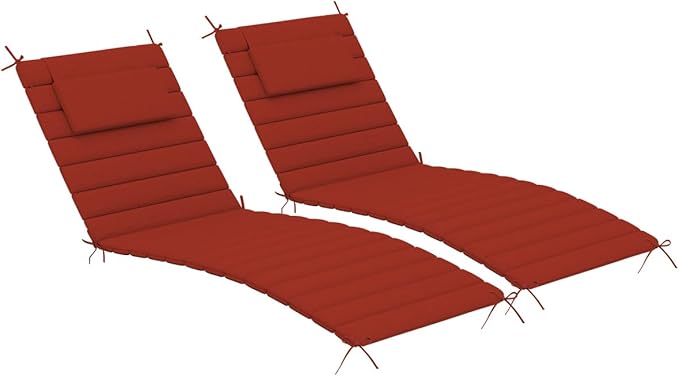 Sundale Outdoor Olefin Quilted Lounge Cushion Set of 2, Patio Foldable Chaise Lounger Cushion, Water-Resistant Lounge Chair Pad with Straps Red, 72 x 21 inches