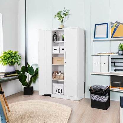 Fesbos Metal Storage Cabinet-71” Tall Steel File Cabinets with Lockable Doors and Adjustable Shelves-White Steel Storage Cabinet for Home, School, Office, Garage
