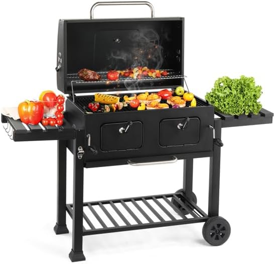 Charcoal Grill Outdoor BBQ Grill, Extra Large Cooking Area 520 Square Inches with Two Individual & Adjustable Charcoal Tray, Foldable Side Tables for Barbecue Outdoor Cooking Backyard Camping Picnics