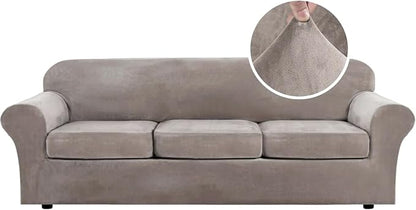 H.VERSAILTEX Velvet 4 Piece High Stretch Sofa Slipcover Cover Furniture Protector Form Fit Luxury Thick Velvet Extra Large Sofa Cover for 3 Cushion Couch Width Up to 105 Inch (XL Sofa, Taupe)