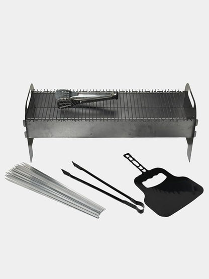 Barbecue Grill Set with Charcoal Grate, Tongs, Shovel, and Skewers. Made in Uzbekistan