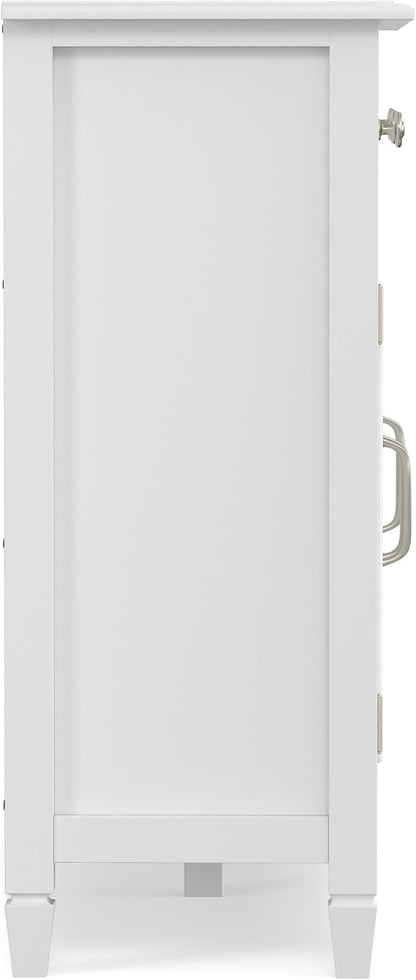 SIMPLIHOME Connaught 51" Wide Solid Wood Storage Cabinet in White | Traditional space-saving entryway or mudroom cabinet with 3 drawers and adjustable shelves for organized household storage.