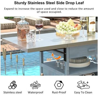 Outdoor Grill Cart with Stainless Steel Top, 40.5”Solid Wood BBQ Prep Table for Pizza Oven, Mobile Outdoor Kitchen Island with Drop Leaf, Storage Cabinet, Towel Rack & Spice Holder for Patio