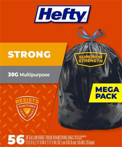 Hefty Strong 30 Gallon Trash_Bags, Large Trash-Bags 30 Gallon Size, Durable Drawstring Enclosure, Resists Punctures, Leaks, and Tears, Black, Unscented, 56 Bags (Pack of 3)