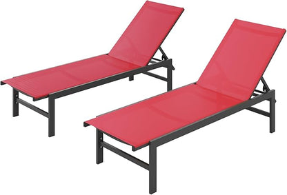 Vexwalx Outdoor Lounge Chairs Set of 2, Aluminum Patio Chaise Lounge Chairs with 5-Position Recliner, Pool Lounge Chairs for Backyard, Poolside, Deck, Lawn (Red)