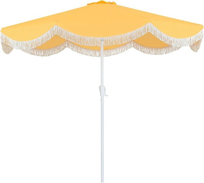 Tempera 9ft Yellow Scalloped Patio Umbrella with Fringe,UV Protection Fade Resistant Canopy, 8 Sturdy Ribs, Outdoor Table Umbrella with Crank Tilt for Lawn, Pool, Deck, Balcony