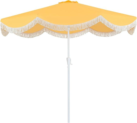 Tempera 9ft Yellow Scalloped Patio Umbrella with Fringe,UV Protection Fade Resistant Canopy, 8 Sturdy Ribs, Outdoor Table Umbrella with Crank Tilt for Lawn, Pool, Deck, Balcony