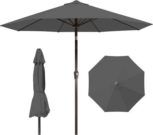 9ft Patio Umbrella with Push Button Tilt and Crank,Outdoor Market Table Umbrella UV Protection 8 Sturdy Ribs for Backyard,Garden,Pool,Deck(Gray)