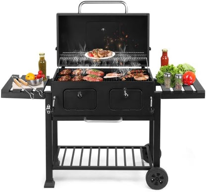 Charcoal Grill Outdoor BBQ Grill, Extra Large Cooking Area 520 Square Inches with Two Individual & Adjustable Charcoal Tray, Foldable Side Tables for Barbecue Outdoor Cooking Backyard Camping Picnics