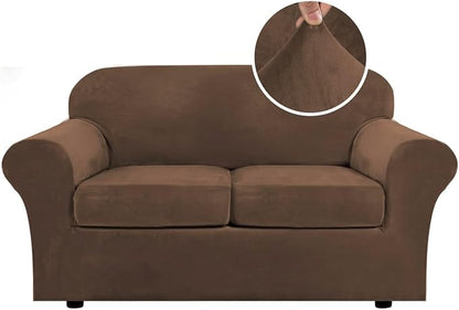 H.VERSAILTEX Real Velvet Plush 3 Piece Stretch Sofa Covers Couch Covers for 2 Cushion Couch Loveseat Covers Width Up to 72 Inch Thick Stay in Place (Medium Sofa, Caramel Cafe)