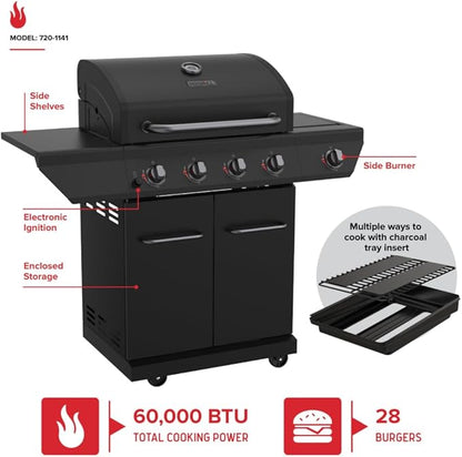 Nexgrill 4-Burner Propane Gas Grill with 2-In-1 Charcoal Tray & Side Burner, Stainless Steel Frame, 626 SQ In Total Cooking Space, 60,000 BTUs, BBQ Grill Perfect for Outdoor Gatherings - 720-1141