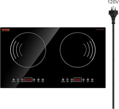 VEVOR Induction Cooktop, 1800W Electric Countertop Burner with 9 Power Settings, 2 Burner Touch Control Stove, Built-in Induction Cooktop, Include 99-Min Timer, Child Safety Lock, Glass Surface