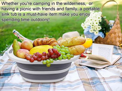 Collapsible Wash Basin, 7.5L Dish Tub Sink Basin Folding Dish Pans for Kitchen Sink, 2-in-1 Dishpan + Cutting Board, Portable Sink Dish Basin for Camping BBQ Prep Tub Washing Bin Bucket for Cleaning