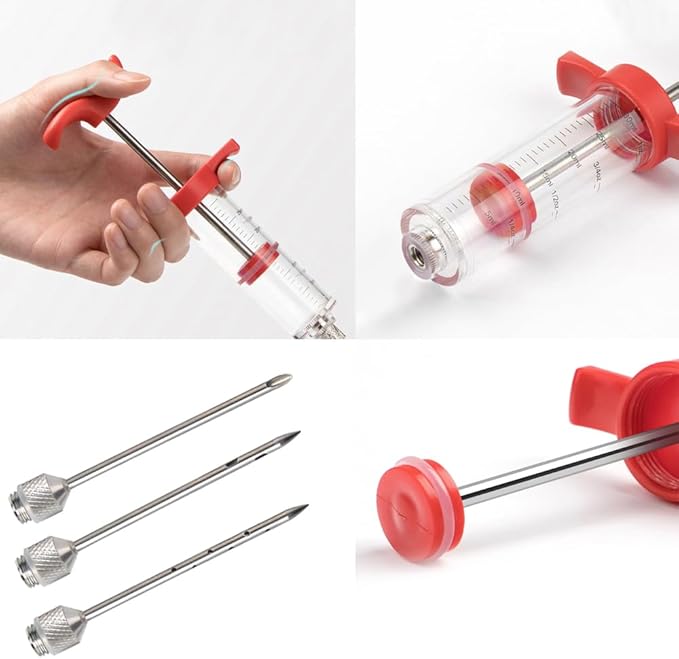 Turkey Injector Syringe Set for Seasoning, Plastic Meat Injectors for Smoking BBQ Grill, Marinade Injector Kit with 3 Stainless Steel Syringe Needles, Red 1 oz