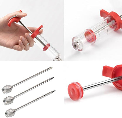 Turkey Injector Syringe Set for Seasoning, Plastic Meat Injectors for Smoking BBQ Grill, Marinade Injector Kit with 3 Stainless Steel Syringe Needles, Red 1 oz