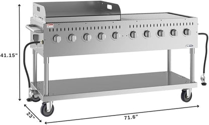 Pemberly Row 72" Outdoor Propane Gas Grill with 10 Burners and 36" Griddle – Commercial Stainless Steel BBQ Grill